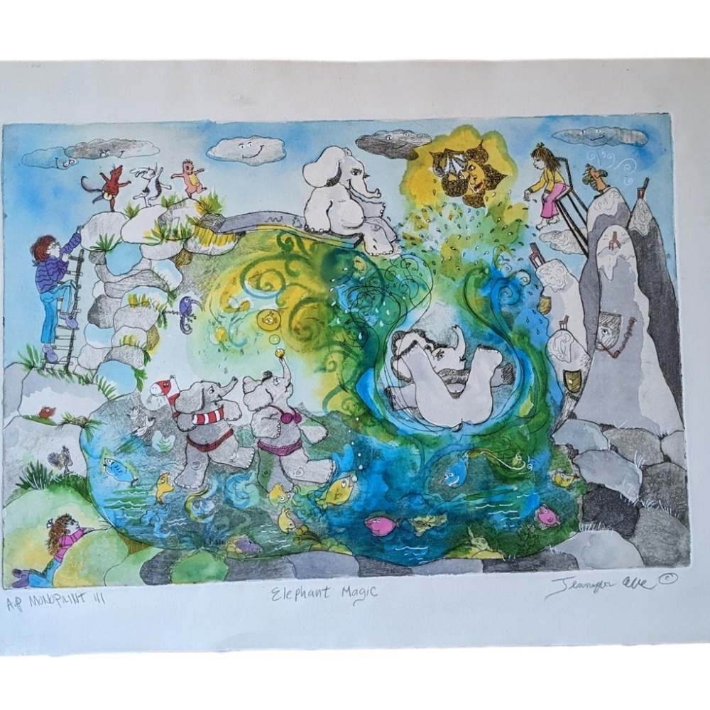 Hand colored original signed Etching And Watercolor Original Elephant Magic